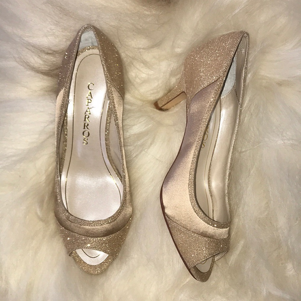 Gold metallic peep toe heels